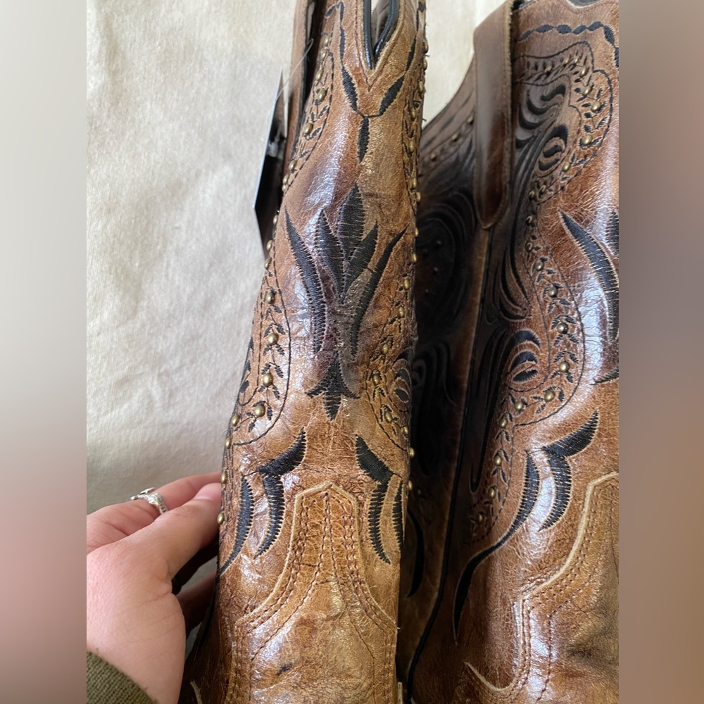 NWT J.B. Dillon Reserve Brown and Black Embroidered Leather Cowboy Boots W11 - Picture 10 of 13